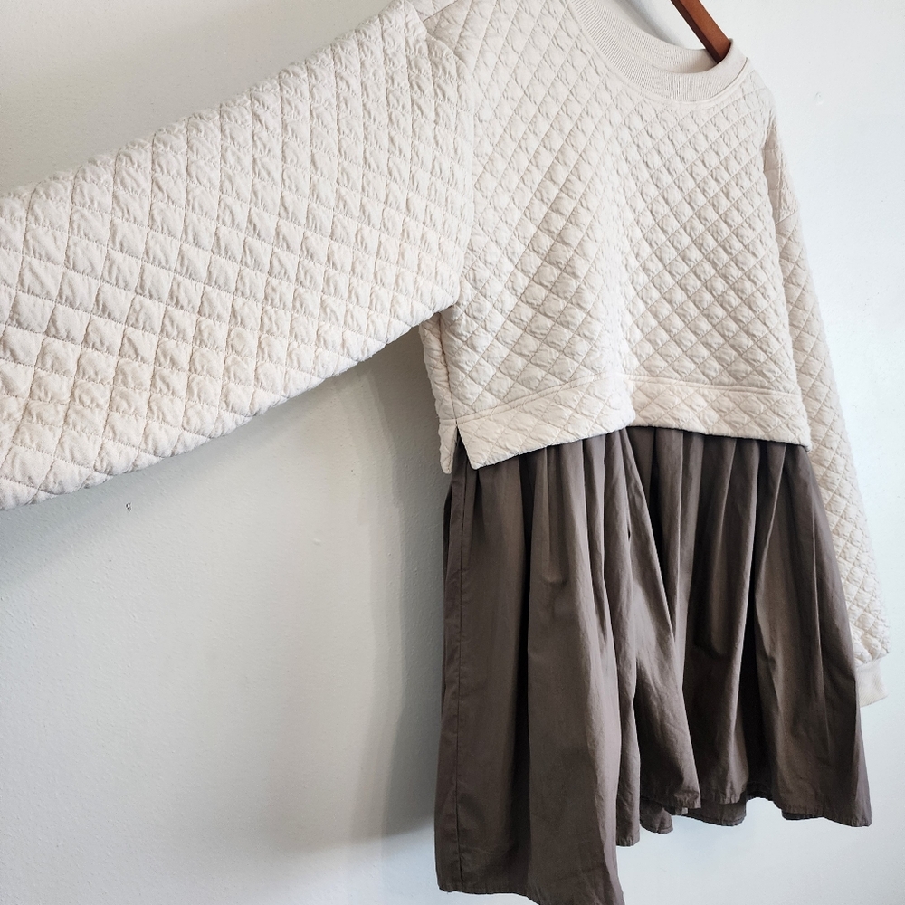 Jade by Jane Quilted Diamond Colorblock Babydoll Mini Dress Cream Taupe Size S/M - Picture 3 of 9